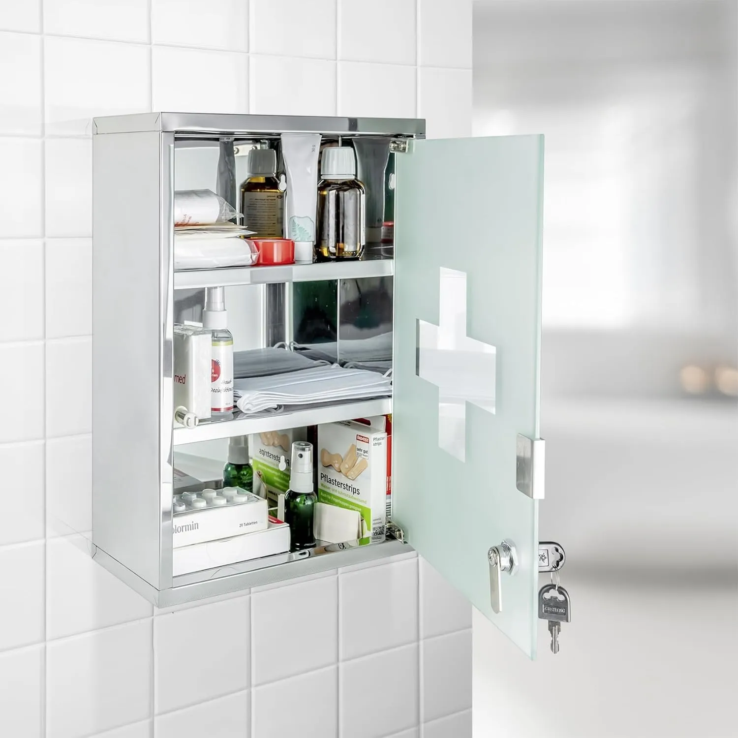 WENKO Medicine Cabinets with Lock, Wall Mounted Over The Toilet Storage Shelves, First Aid Bathroom Wall Cabinet with Safety Glass Door, Medium, 11.8 x 15.7 x 4.7 in, Silver Shiny