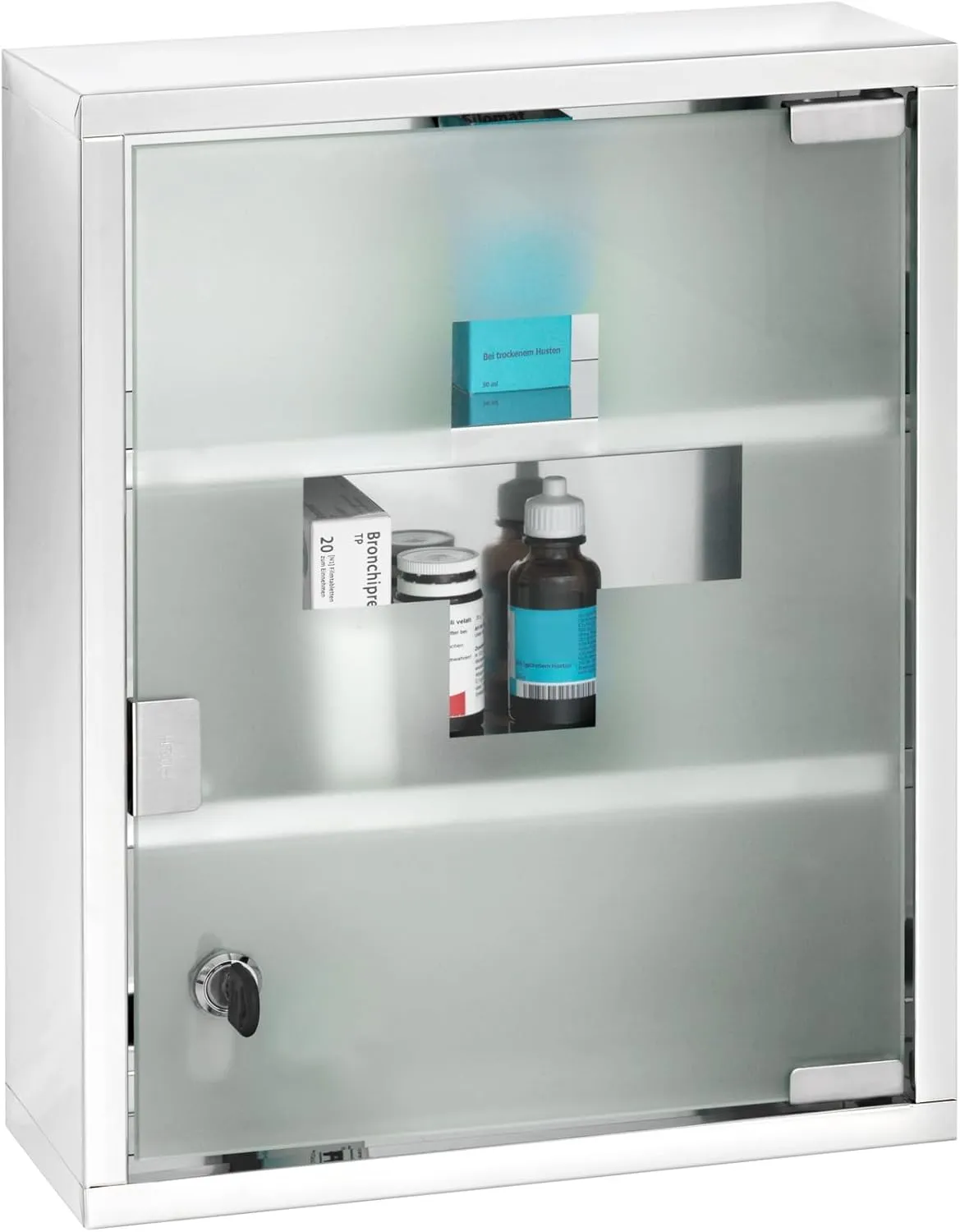 WENKO Medicine Cabinets with Lock, Wall Mounted Over The Toilet Storage Shelves, First Aid Bathroom Wall Cabinet with Safety Glass Door, Medium, 11.8 x 15.7 x 4.7 in, Silver Shiny