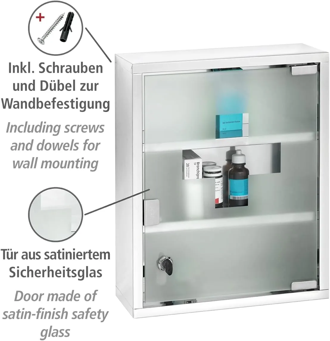 WENKO Medicine Cabinets with Lock, Wall Mounted Over The Toilet Storage Shelves, First Aid Bathroom Wall Cabinet with Safety Glass Door, Medium, 11.8 x 15.7 x 4.7 in, Silver Shiny
