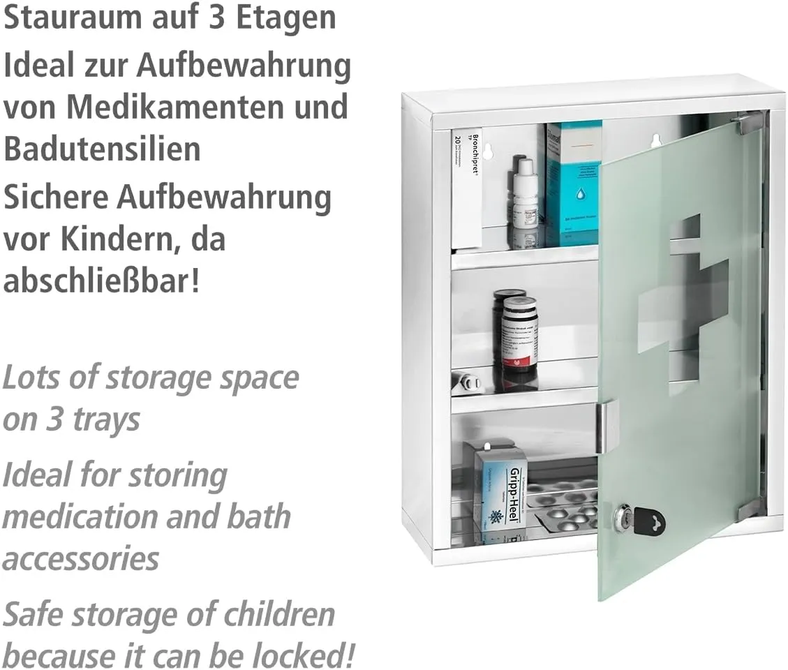 WENKO Medicine Cabinets with Lock, Wall Mounted Over The Toilet Storage Shelves, First Aid Bathroom Wall Cabinet with Safety Glass Door, Medium, 11.8 x 15.7 x 4.7 in, Silver Shiny