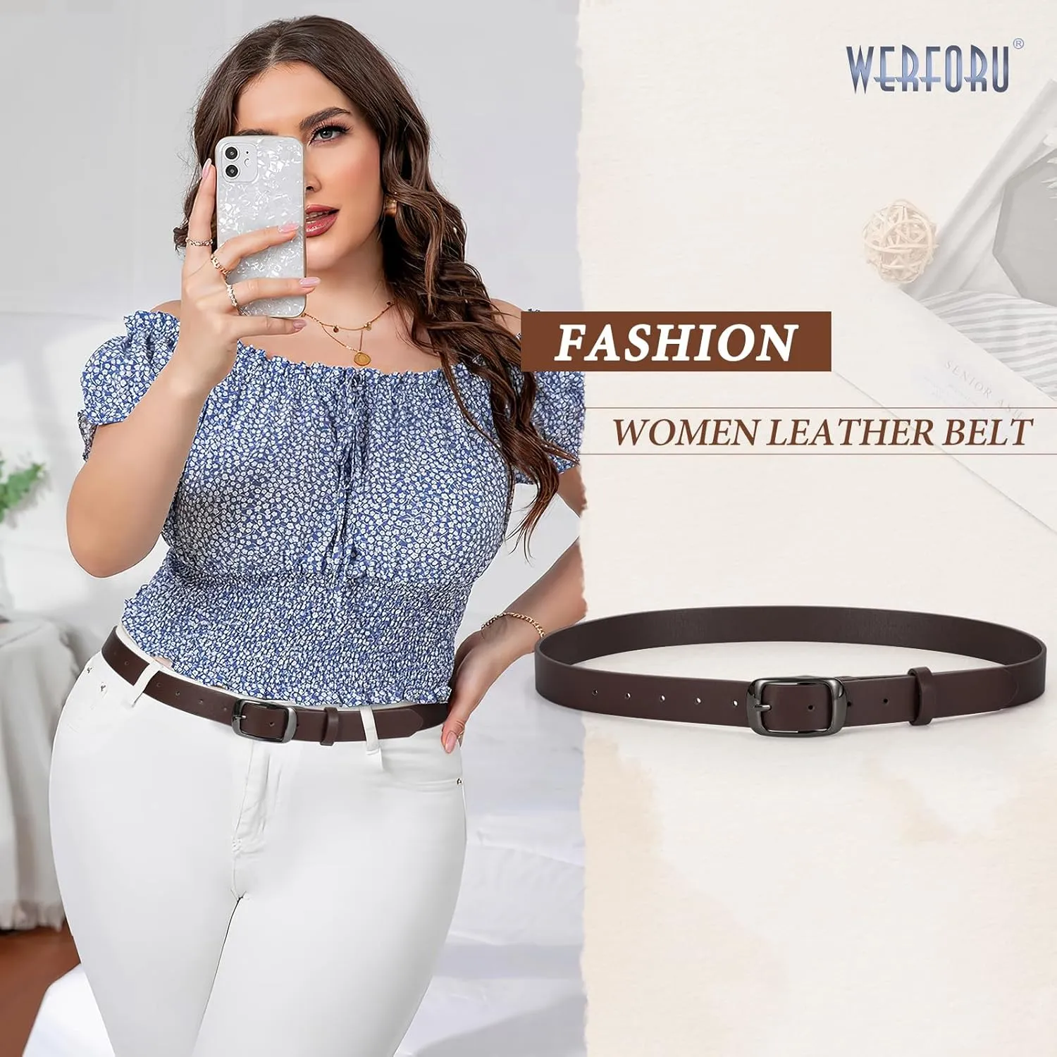 WERFORU Plus Size Belt for Women Leather Belt with Metal Buckle Ladies Casual Belt for Jeans Pants