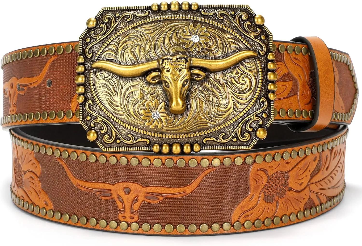 Western Cowboy Cowgirl Belt for Men Women LongHorn Bull Buckle Embossed Leather Belt Rodeo Country Belt