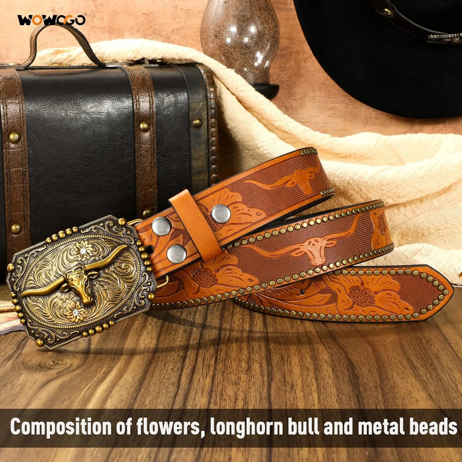Western Cowboy Cowgirl Belt for Men Women LongHorn Bull Buckle Embossed Leather Belt Rodeo Country Belt