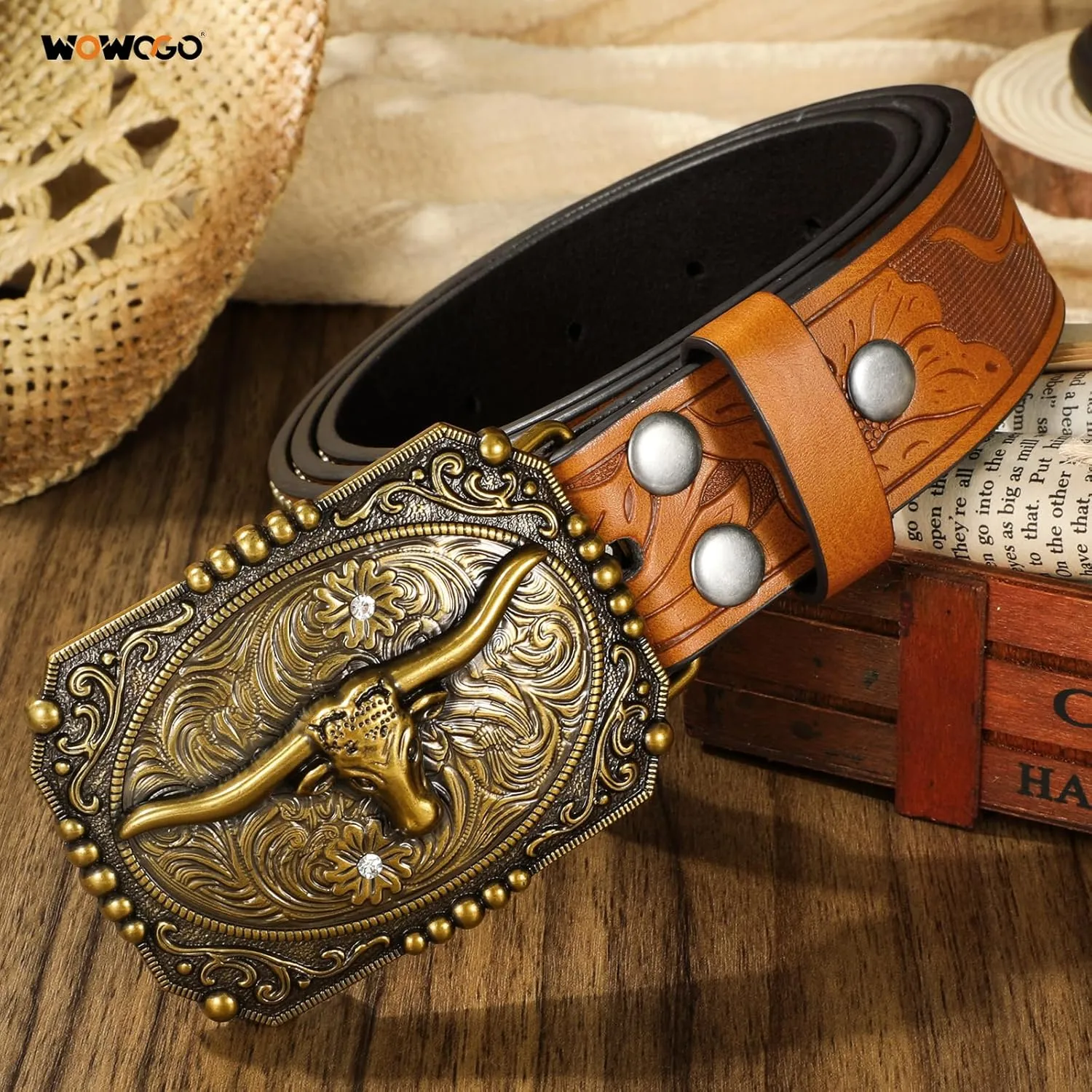 Western Cowboy Cowgirl Belt for Men Women LongHorn Bull Buckle Embossed Leather Belt Rodeo Country Belt