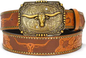 Western Cowboy Cowgirl Belt for Men Women LongHorn Bull Buckle Embossed Leather Belt Rodeo Country Belt