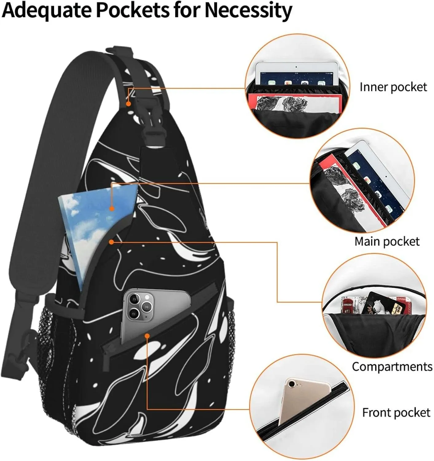 Whale Orca Killer Black Crossbody Sling Backpack For Women & Men Chest Sling Backpack Casual For Travel Hiking