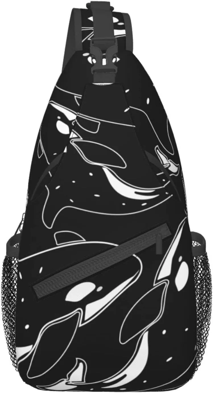 Whale Orca Killer Black Crossbody Sling Backpack For Women & Men Chest Sling Backpack Casual For Travel Hiking