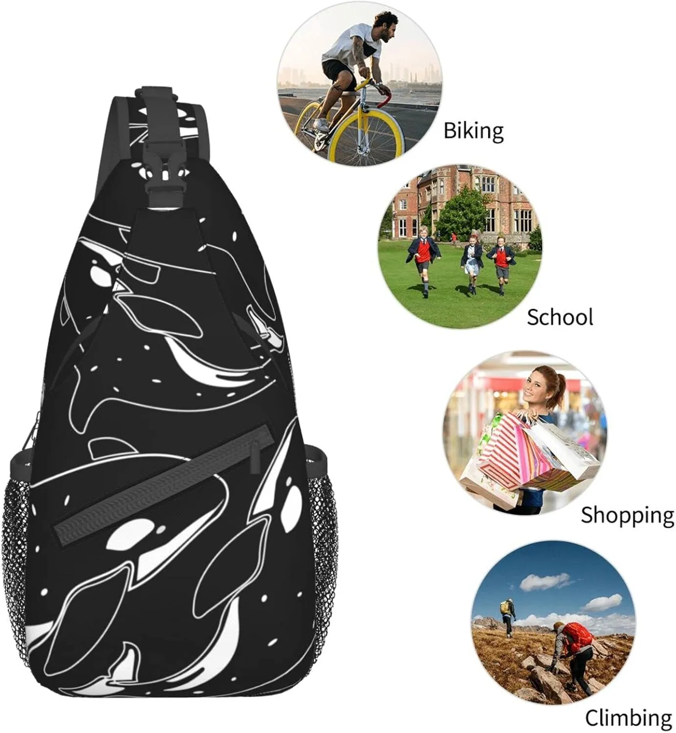 Whale Orca Killer Black Crossbody Sling Backpack For Women & Men Chest Sling Backpack Casual For Travel Hiking