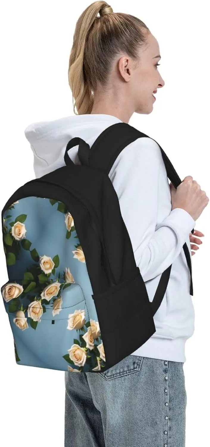 White Roses Backpack Printing Lightweight Casual Backpack Shoulder Bags Large Capacity Laptop Backpack