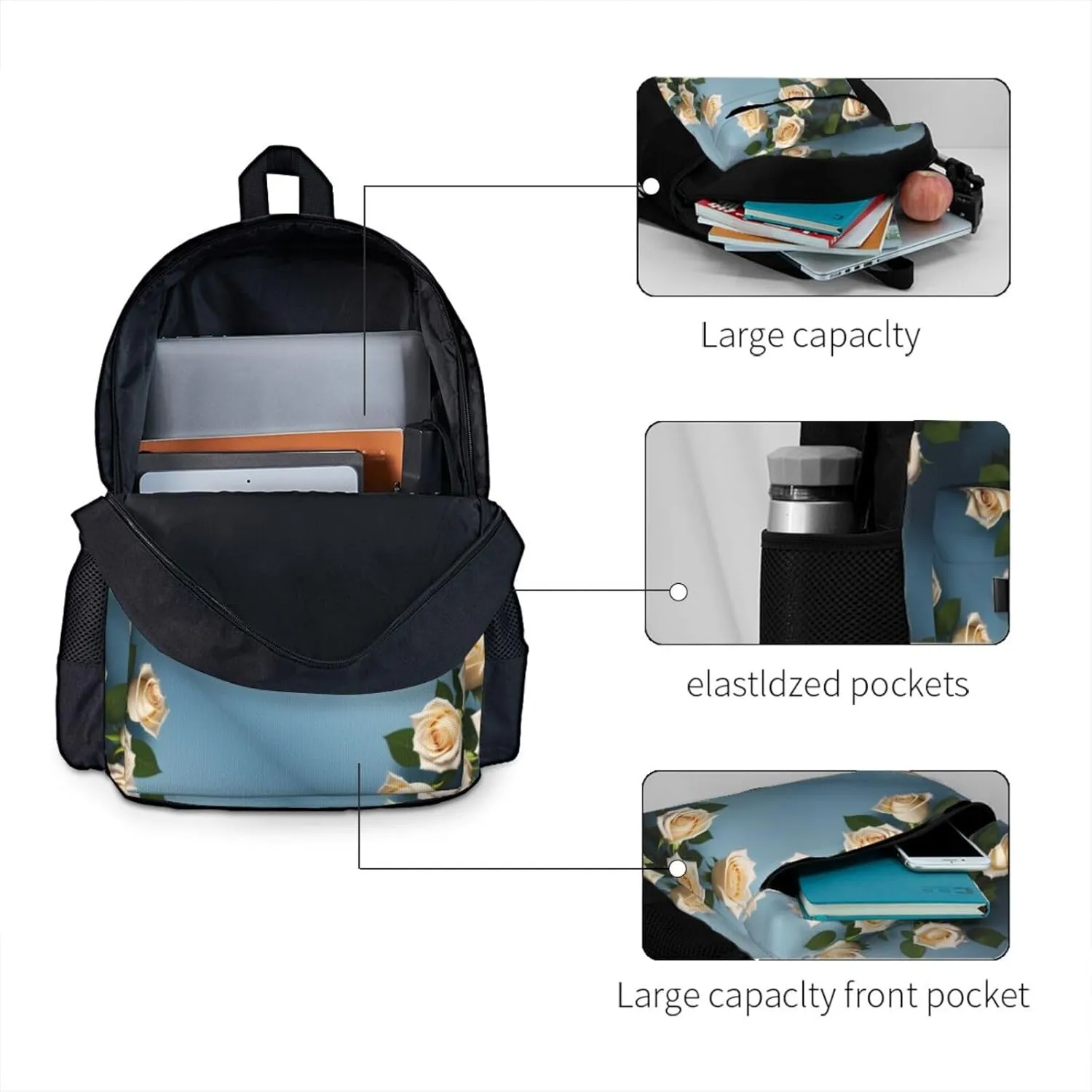 White Roses Backpack Printing Lightweight Casual Backpack Shoulder Bags Large Capacity Laptop Backpack