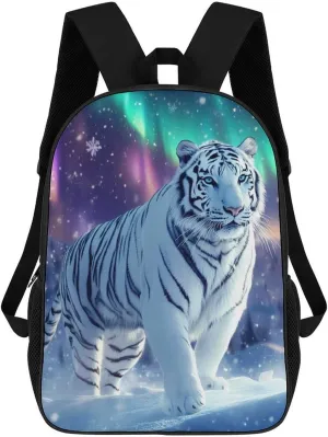 White Tiger Northern Lights Laptop Backpack for Men Women 17 Inch Shoulder Bag Travel Daypack