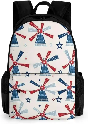 Windmill Patriotic Celebrate America Independence Printed Backpack Causal Daypack Travel Laptop Shoulders Bag with Side Pockets for Men Women 13 X 7 X 16 Inch