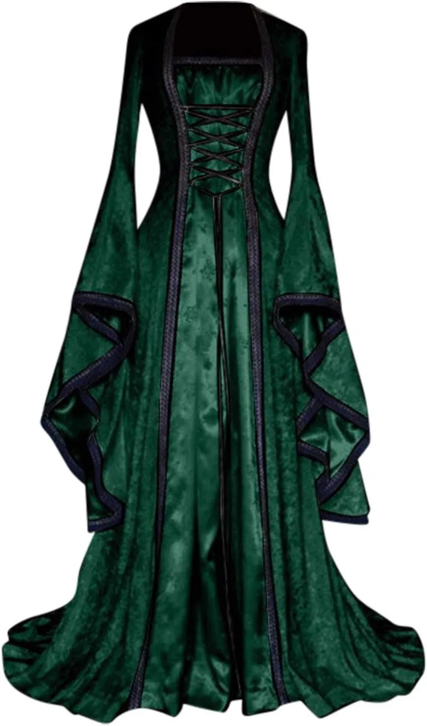 Wkishenl Womens Renaissance Medieval Costume Adjustable Lace Up Irish Retro Gown Long Dress Halloween Cosplay Costumes