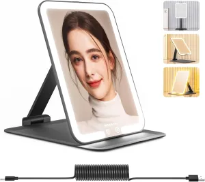 wobsion Travel Makeup Mirror, 7.4 * 5.1in Rechargeable Portable Folding Makeup Mirror with Lights, 3 Colors Light Up Mirror with 48 LEDs,Dimmable,Multiple Angles and High Adjustable,Gift,Black