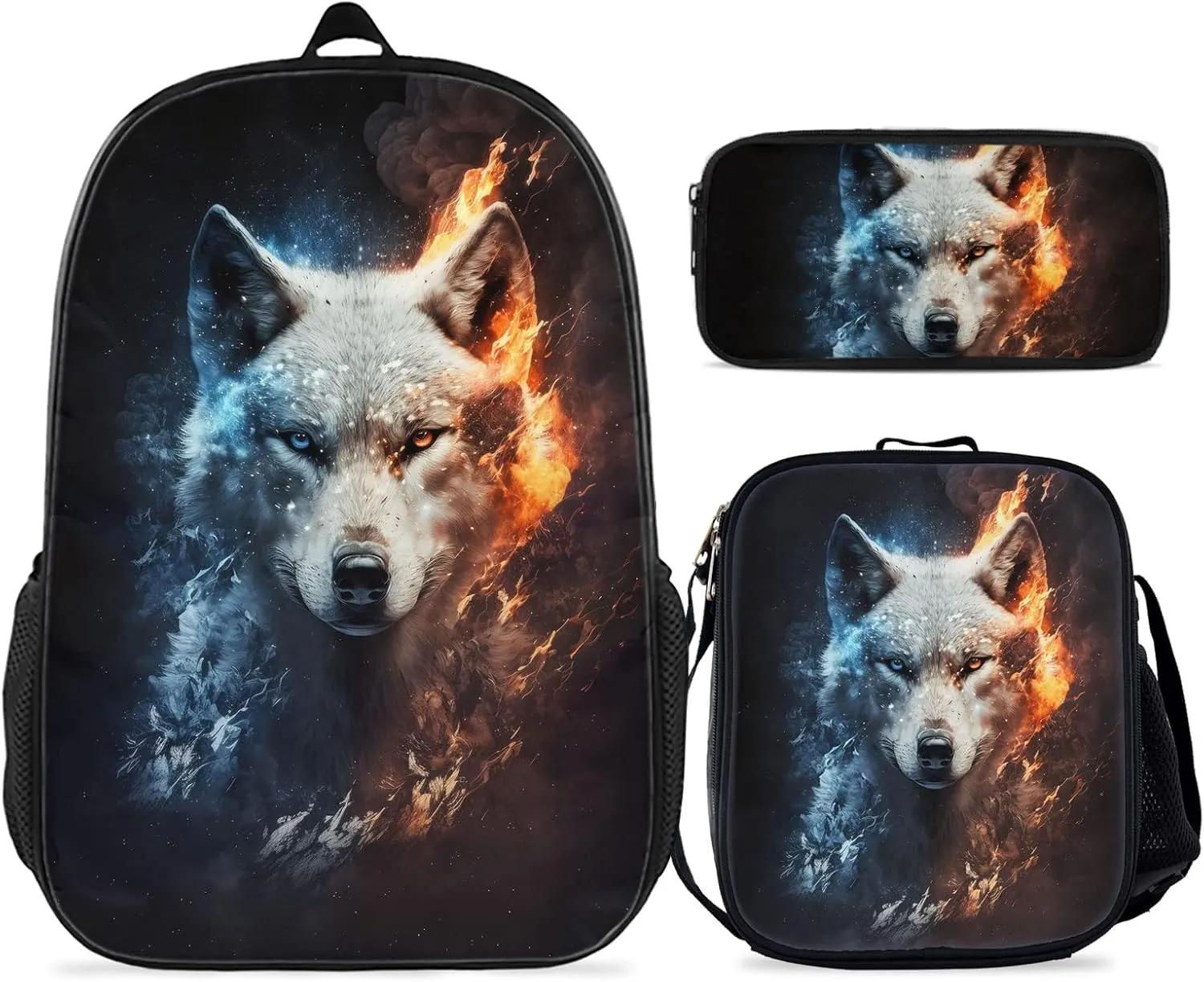 Wolf Backpack Bundle - 3 Piece Set for Kids, Includes Bookbag, Insulated Lunch Bag & Pencil Case - Perfect for School & Everyday Use