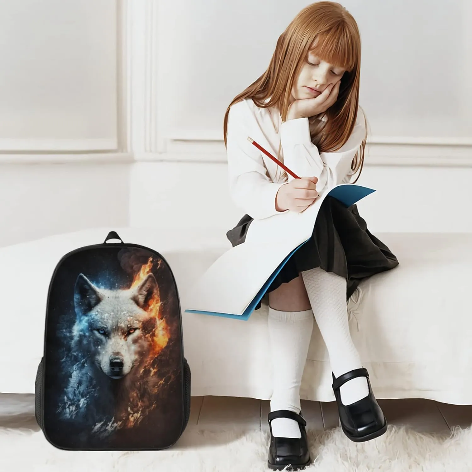 Wolf Backpack Bundle - 3 Piece Set for Kids, Includes Bookbag, Insulated Lunch Bag & Pencil Case - Perfect for School & Everyday Use