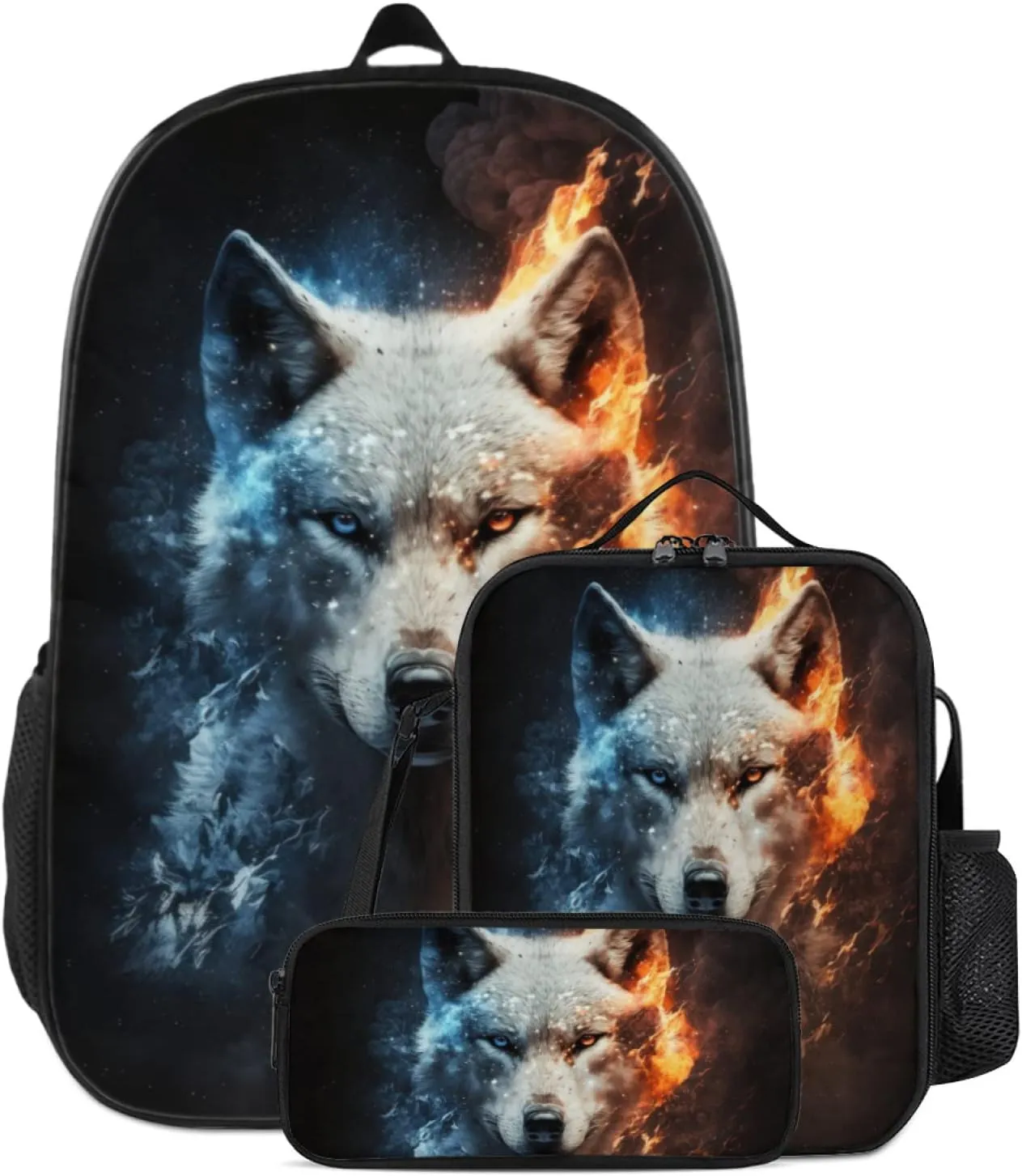 Wolf Backpack Bundle - 3 Piece Set for Kids, Includes Bookbag, Insulated Lunch Bag & Pencil Case - Perfect for School & Everyday Use