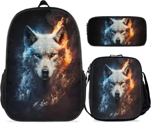 Wolf Backpack Bundle - 3 Piece Set for Kids, Includes Bookbag, Insulated Lunch Bag & Pencil Case - Perfect for School & Everyday Use
