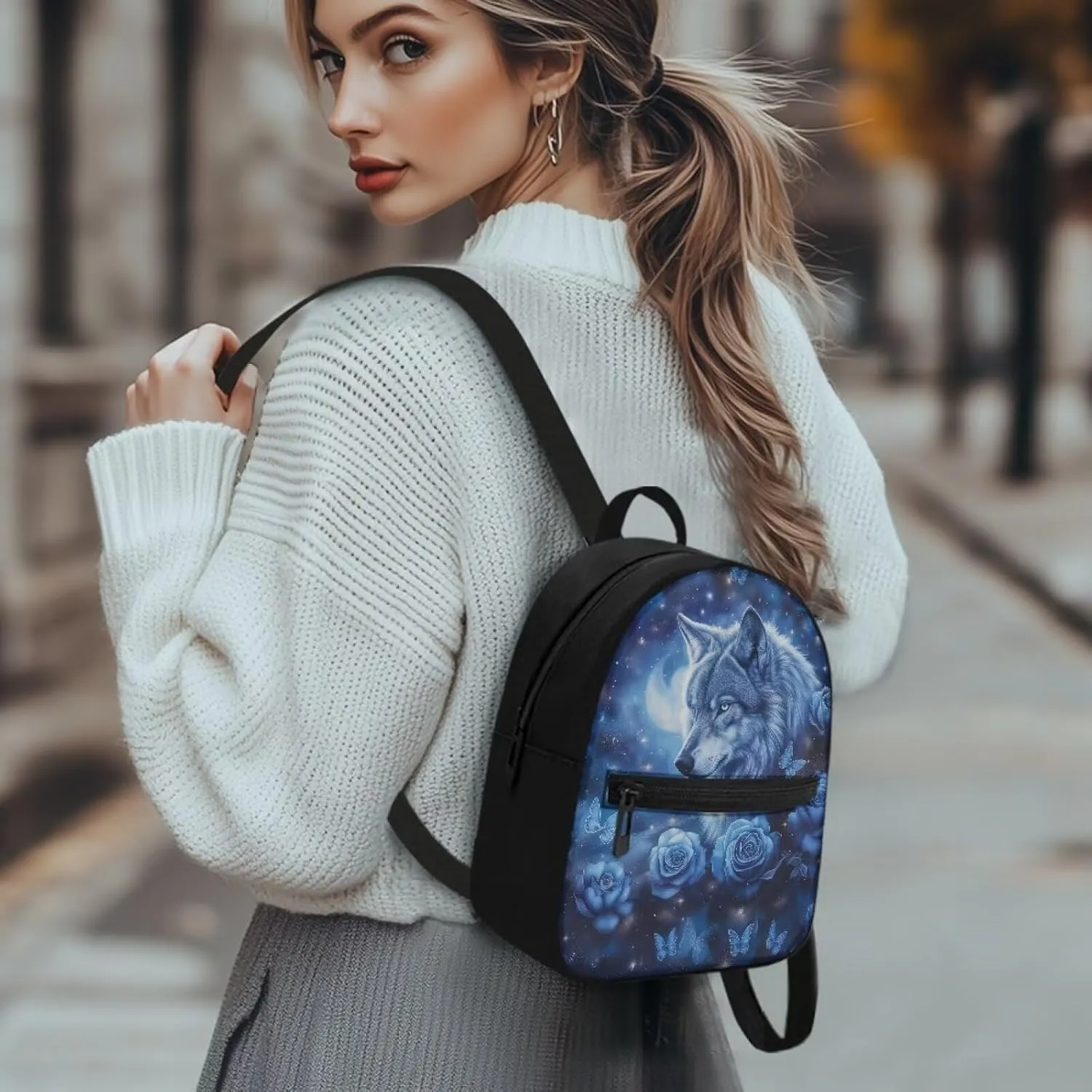 Wolf Gym Backpack for Women Goth Small Book Bag Lightweight Floral Holiday Bag with Shoulder Strap for Traveling Casual Daypack for Women Work Travel Picnic