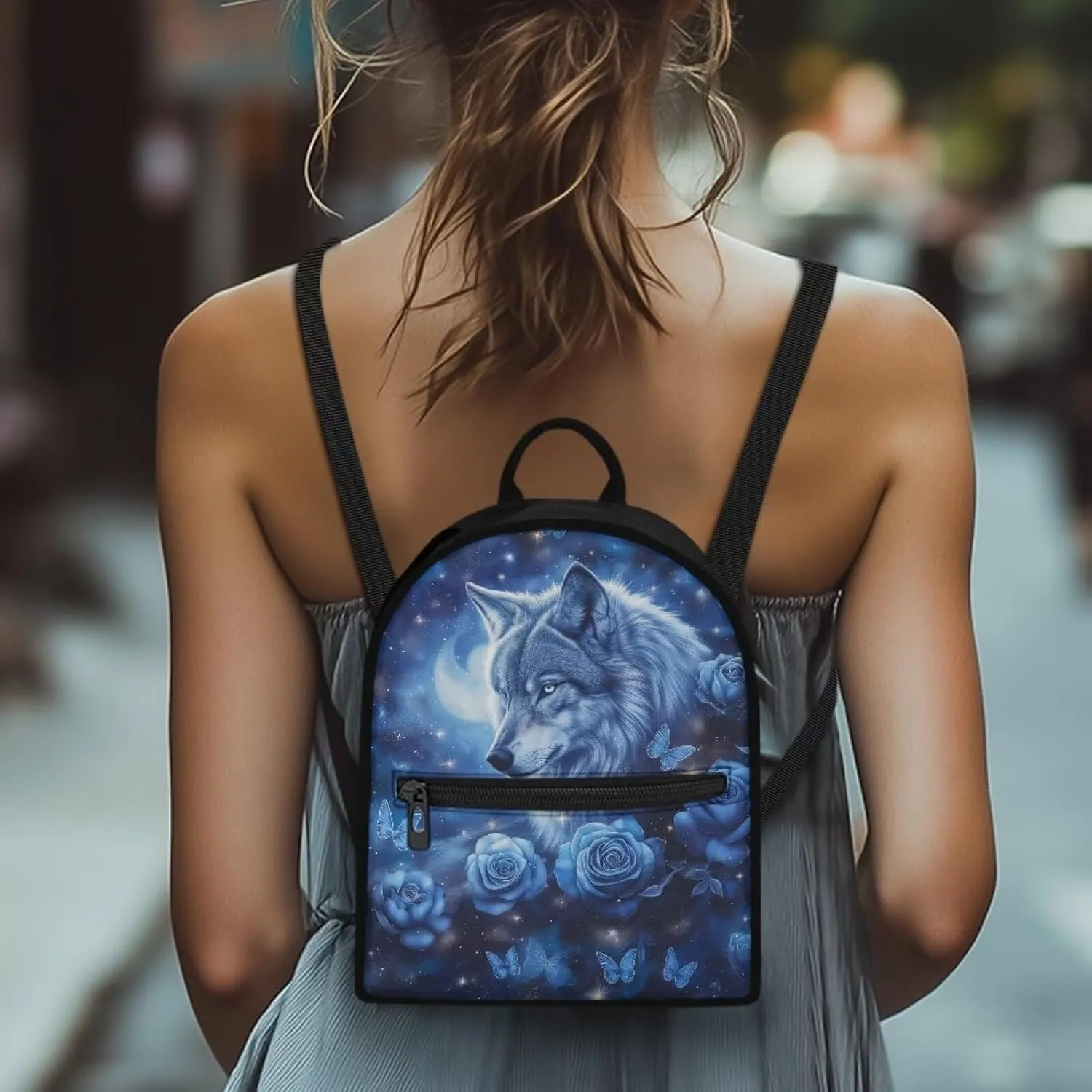 Wolf Gym Backpack for Women Goth Small Book Bag Lightweight Floral Holiday Bag with Shoulder Strap for Traveling Casual Daypack for Women Work Travel Picnic