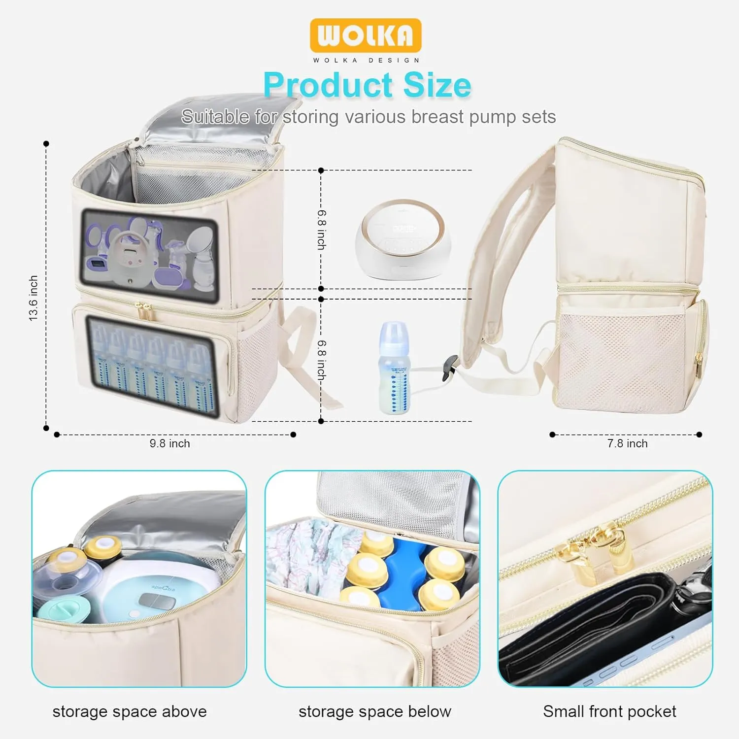Wolka Breast Pump Bag with Dual Insulated Compartments & Removable Divider,Breast Milk Cooler Travel Bacpak with 50 cans Capacity,Fit Most Breast Pumps Like Medela, Spectra S1,S2, Evenflo