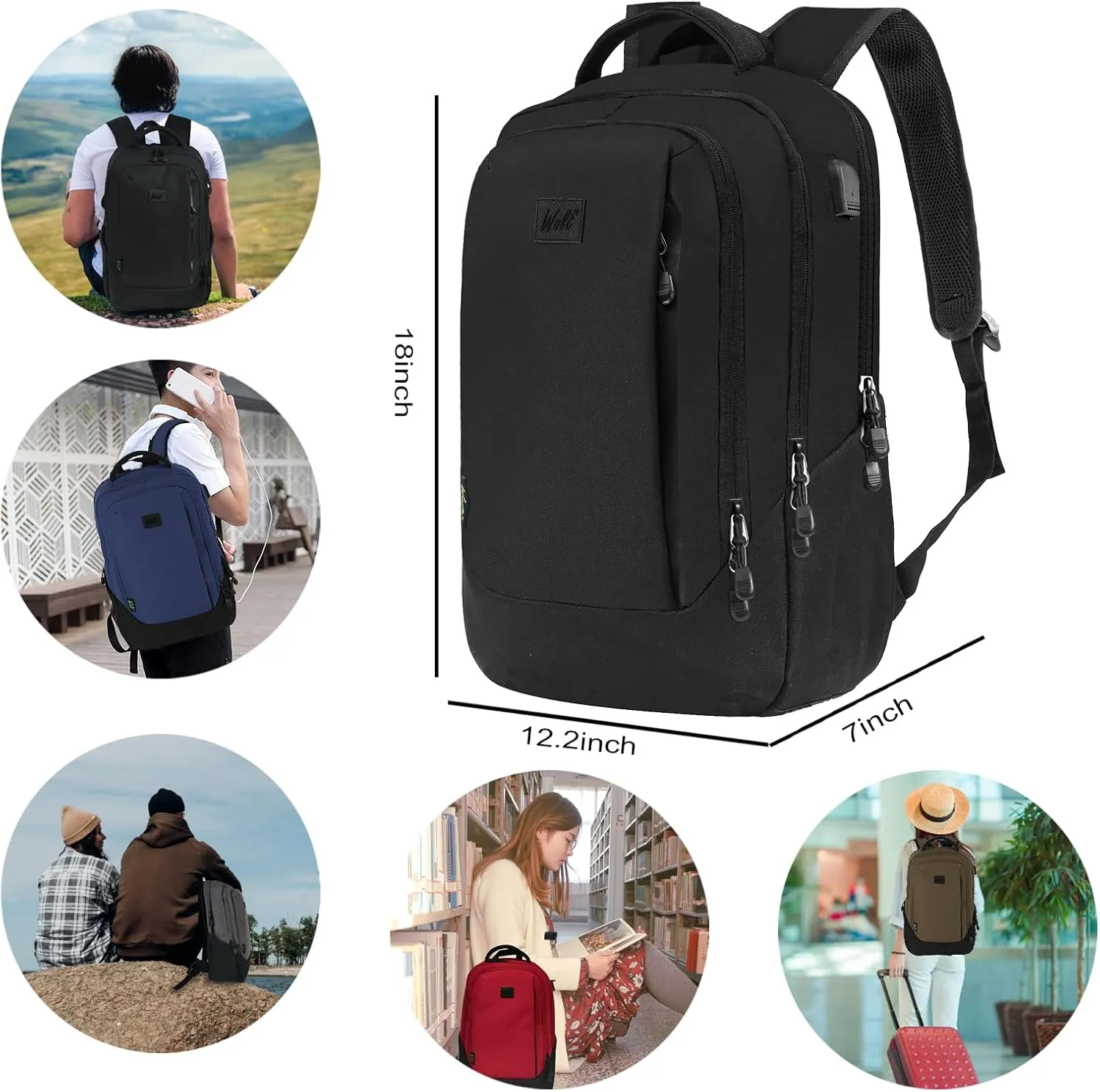 WOLT Travel Laptop Backpack, Carry On Flight Approved Laptop Bag for 15.6 Inch and 17 Inch Notebook with USB Charging Port College Bookbag, Black