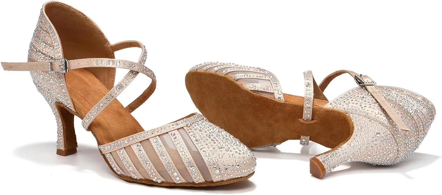 Women Ballroom Dance Shoes Rhinestone Closed Toe Latin Salsa Performance Dancing Shoes Suede Sole