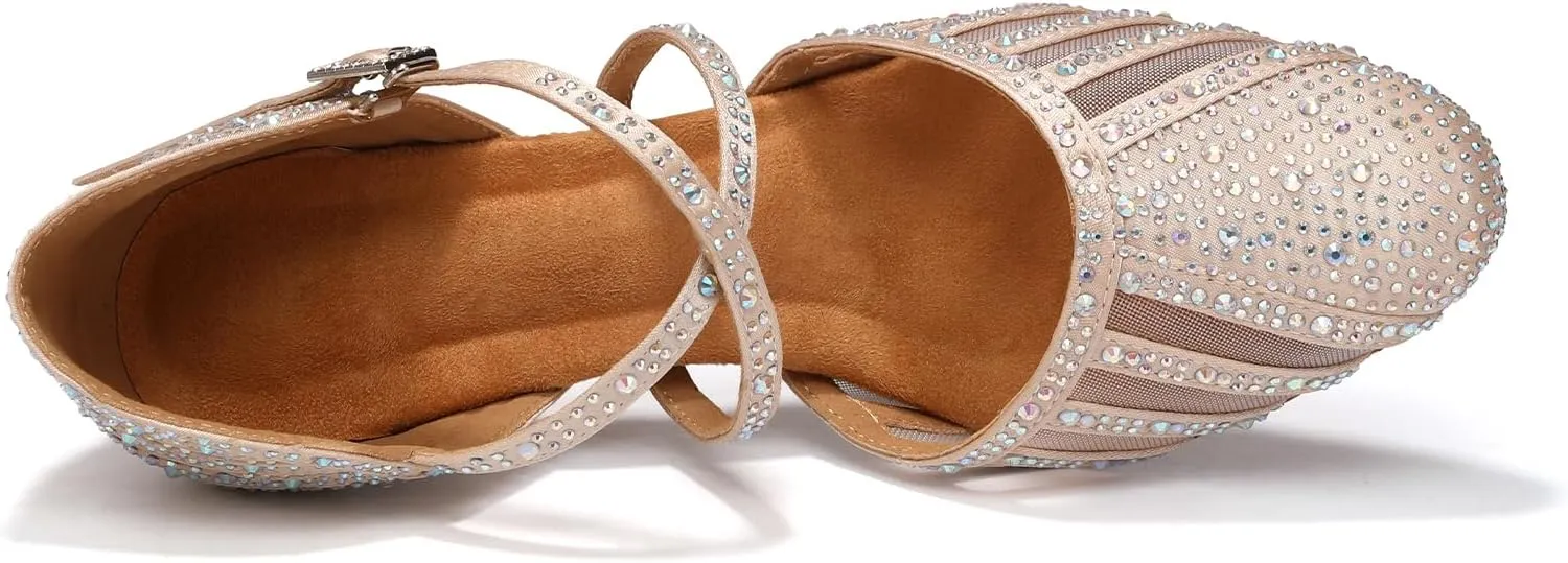 Women Ballroom Dance Shoes Rhinestone Closed Toe Latin Salsa Performance Dancing Shoes Suede Sole