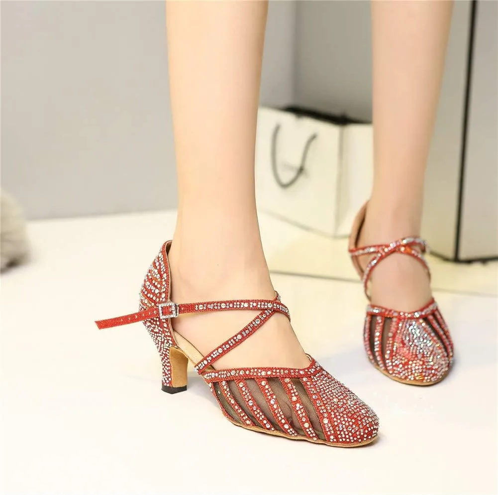 Women Ballroom Dance Shoes Rhinestone Closed Toe Latin Salsa Performance Dancing Shoes Suede Sole