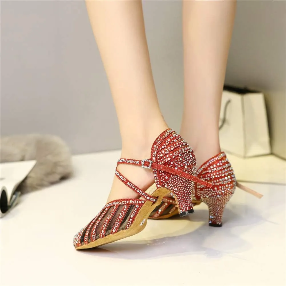Women Ballroom Dance Shoes Rhinestone Closed Toe Latin Salsa Performance Dancing Shoes Suede Sole