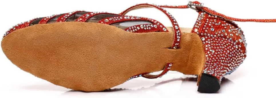 Women Ballroom Dance Shoes Rhinestone Closed Toe Latin Salsa Performance Dancing Shoes Suede Sole