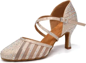 Women Ballroom Dance Shoes Rhinestone Closed Toe Latin Salsa Performance Dancing Shoes Suede Sole