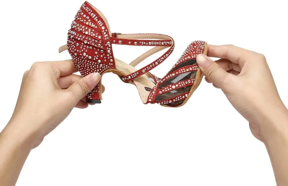 Women Ballroom Dance Shoes Rhinestone Closed Toe Latin Salsa Performance Dancing Shoes Suede Sole