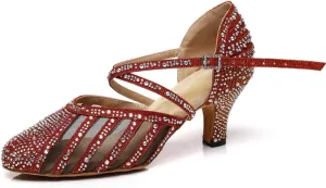 Women Ballroom Dance Shoes Rhinestone Closed Toe Latin Salsa Performance Dancing Shoes Suede Sole