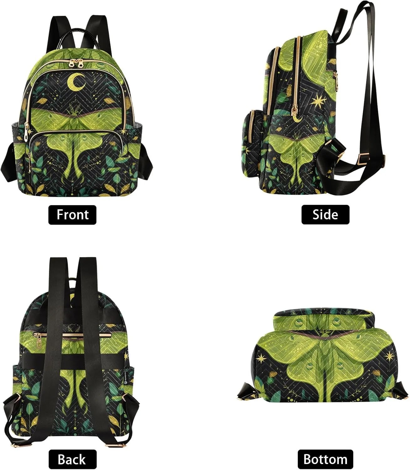 Women Fashion Backpack Purse Multi Pockets Mystical Green Moth Backpack Travel Shoulder Bag，S