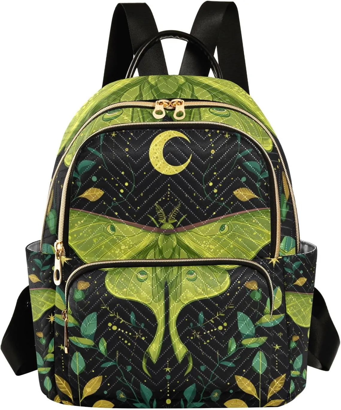 Women Fashion Backpack Purse Multi Pockets Mystical Green Moth Backpack Travel Shoulder Bag，S