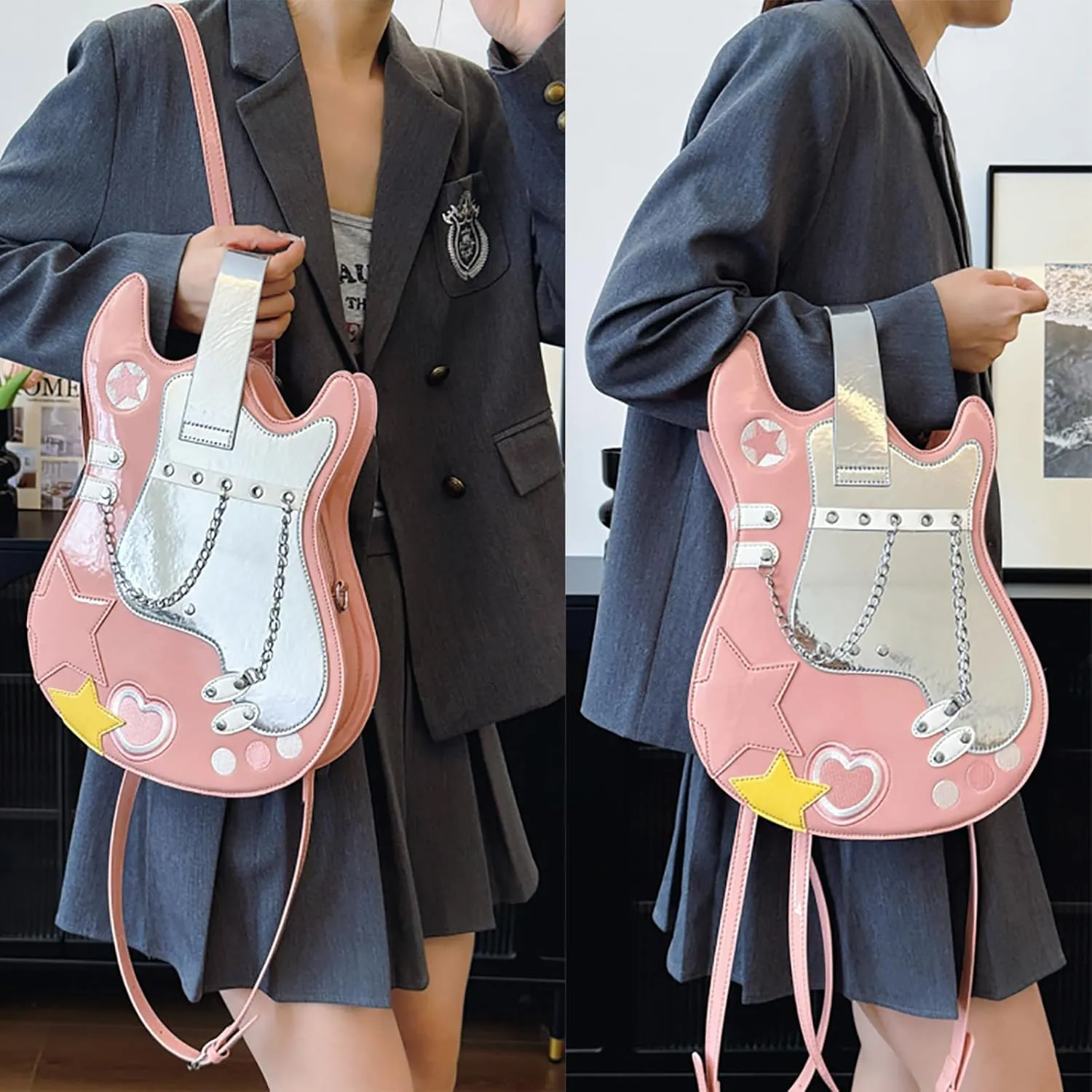 Women Guitar Shaped Backpack Unique Crossbody Shoulder Bag PU Leather Novelty Guitar Purse