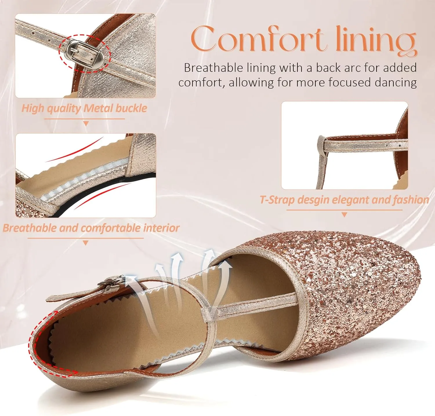 Women Latin Dance Shoes Sequin Closed Toe T-Strap Ballroom Salsa Tango Party Performance Dance Shoes,Model FT-135