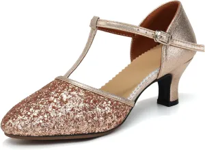 Women Latin Dance Shoes Sequin Closed Toe T-Strap Ballroom Salsa Tango Party Performance Dance Shoes,Model FT-135