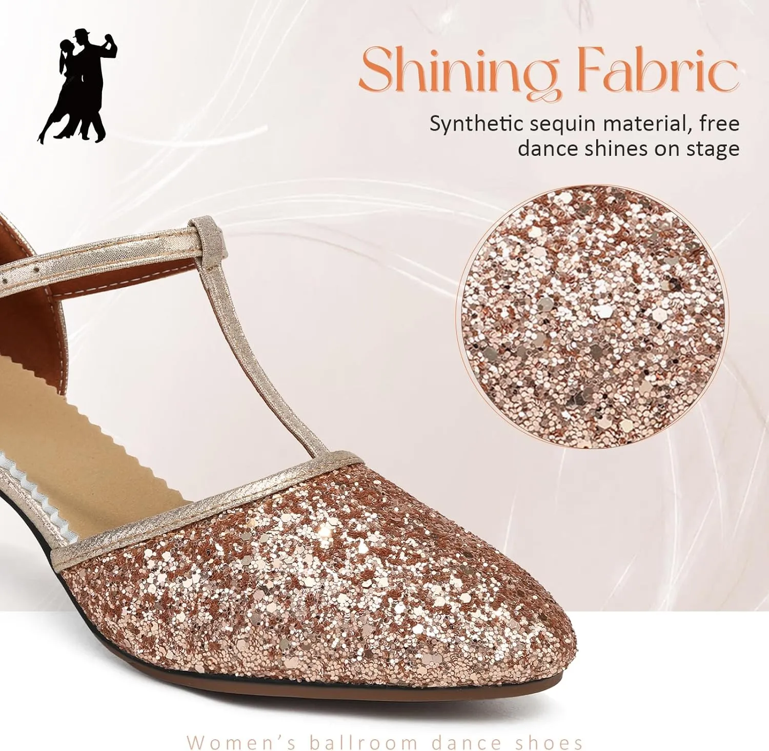 Women Latin Dance Shoes Sequin Closed Toe T-Strap Ballroom Salsa Tango Party Performance Dance Shoes,Model FT-135