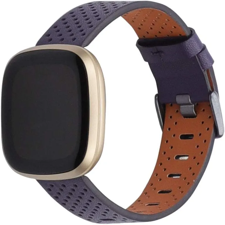 Women Men Slim Replacement Band for Versa 3 Watch,Soft Breathable Leather Hole Design Replacement Strap with Buckle Adjustable for 5.5-8.7 inch Wrist - (Large,Dark lue)