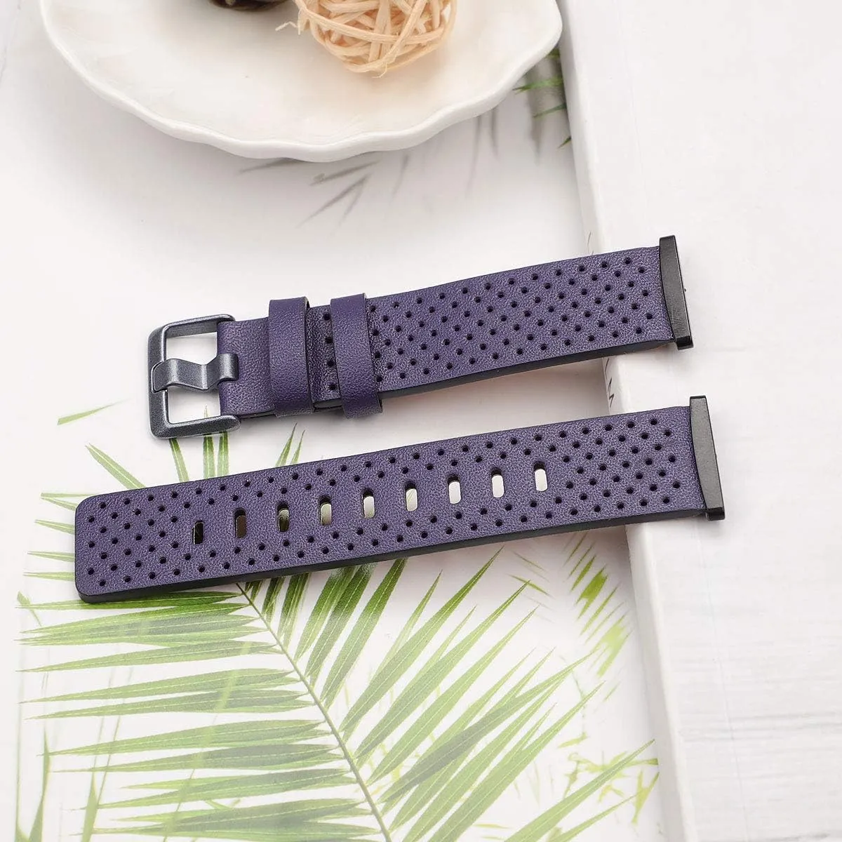Women Men Slim Replacement Band for Versa 3 Watch,Soft Breathable Leather Hole Design Replacement Strap with Buckle Adjustable for 5.5-8.7 inch Wrist - (Large,Dark lue)