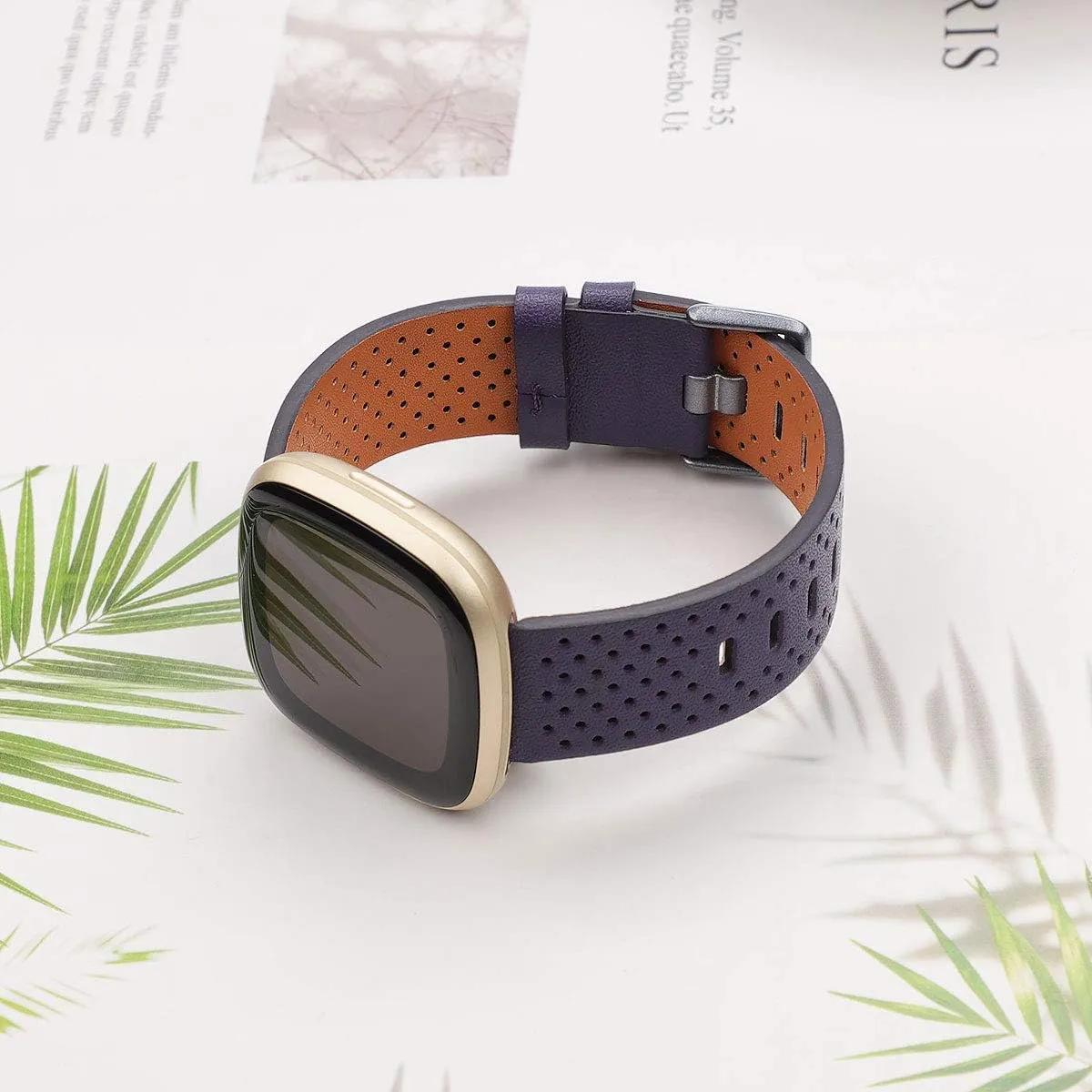 Women Men Slim Replacement Band for Versa 3 Watch,Soft Breathable Leather Hole Design Replacement Strap with Buckle Adjustable for 5.5-8.7 inch Wrist - (Large,Dark lue)