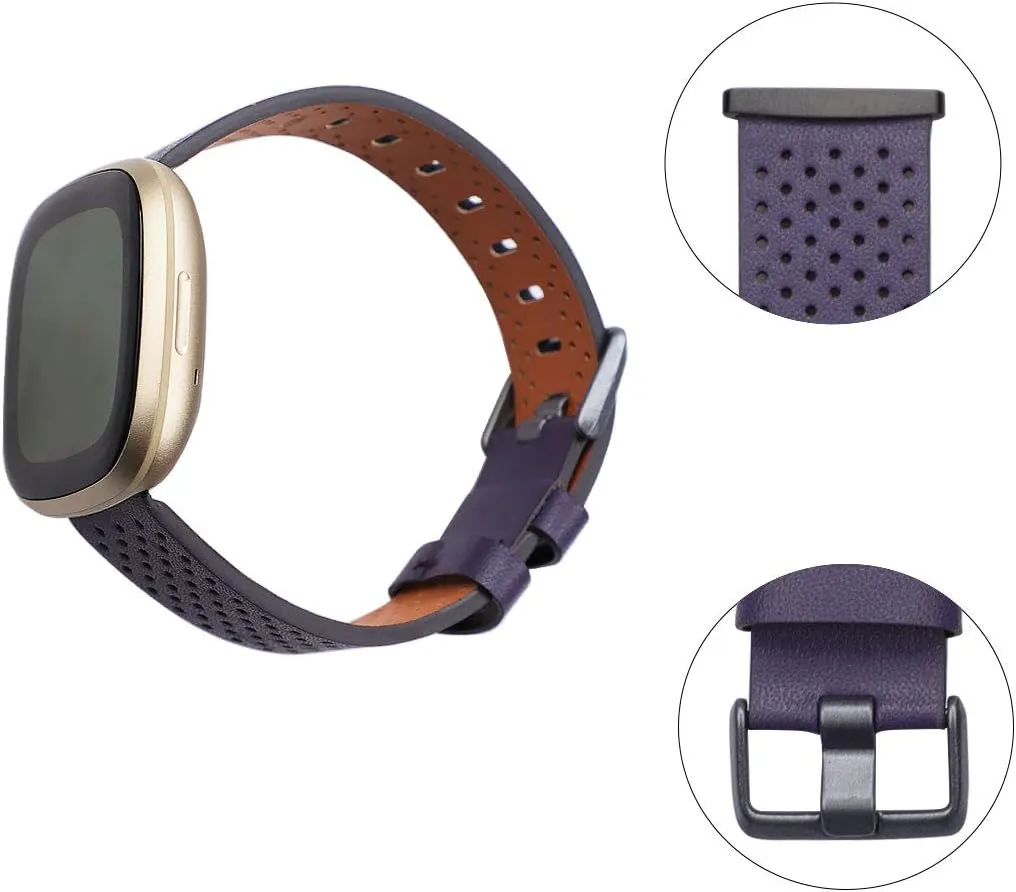 Women Men Slim Replacement Band for Versa 3 Watch,Soft Breathable Leather Hole Design Replacement Strap with Buckle Adjustable for 5.5-8.7 inch Wrist - (Large,Dark lue)