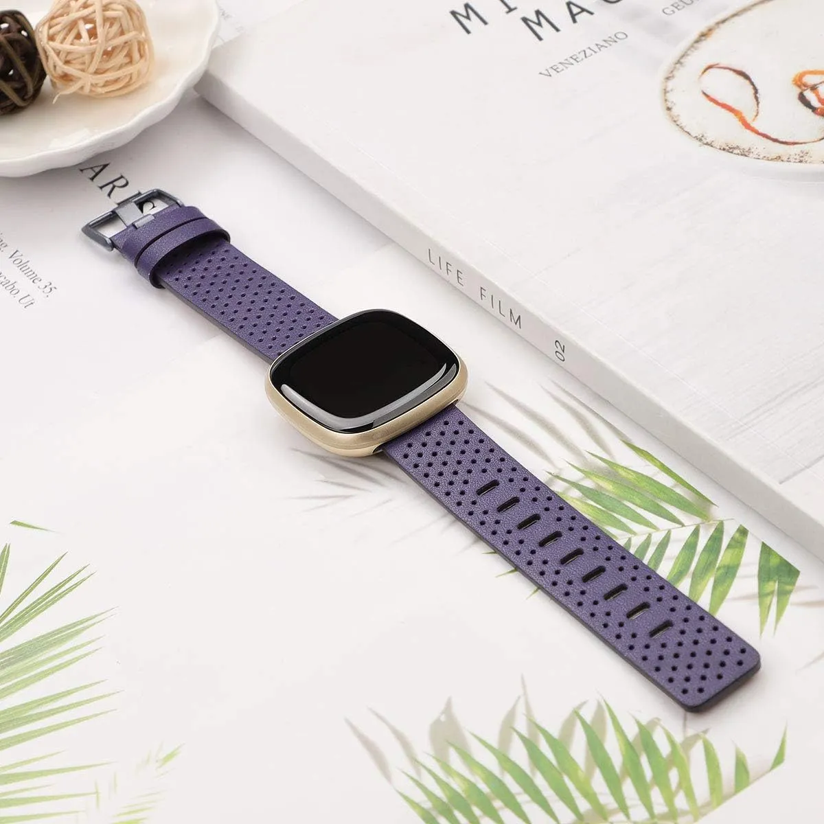 Women Men Slim Replacement Band for Versa 3 Watch,Soft Breathable Leather Hole Design Replacement Strap with Buckle Adjustable for 5.5-8.7 inch Wrist - (Large,Dark lue)