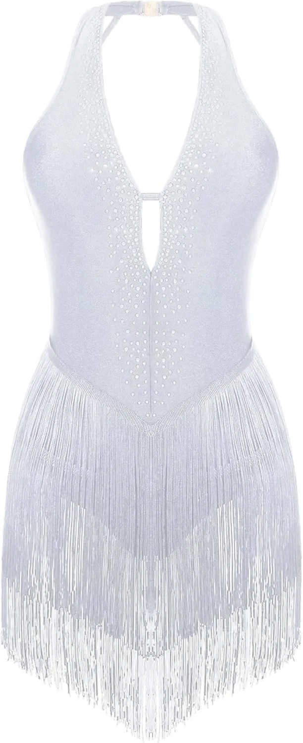 Women Rhinestone Latin Dance Leotard Fringe Bodysuit with Hat Rumba Samba Cha-cha Tango Dance Costume