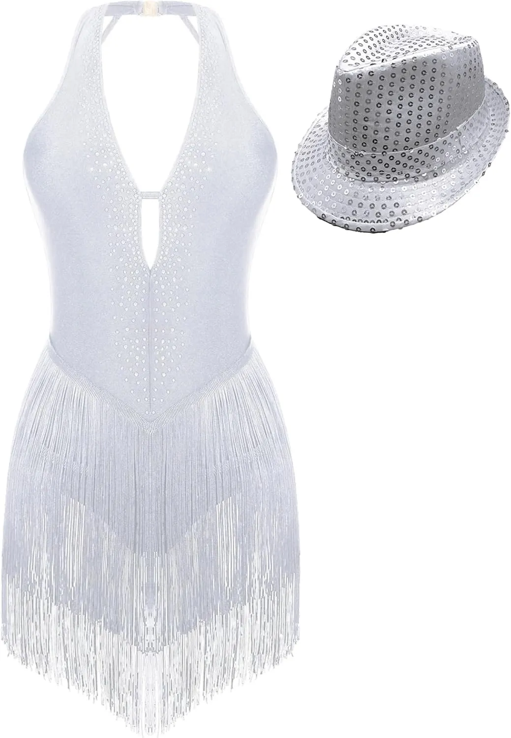 Women Rhinestone Latin Dance Leotard Fringe Bodysuit with Hat Rumba Samba Cha-cha Tango Dance Costume