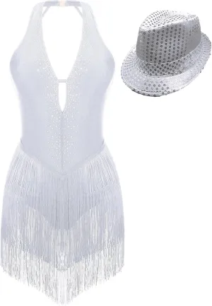Women Rhinestone Latin Dance Leotard Fringe Bodysuit with Hat Rumba Samba Cha-cha Tango Dance Costume