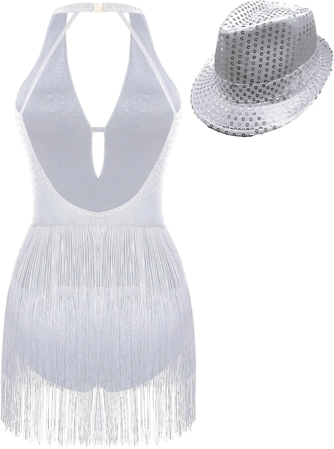 Women Rhinestone Latin Dance Leotard Fringe Bodysuit with Hat Rumba Samba Cha-cha Tango Dance Costume