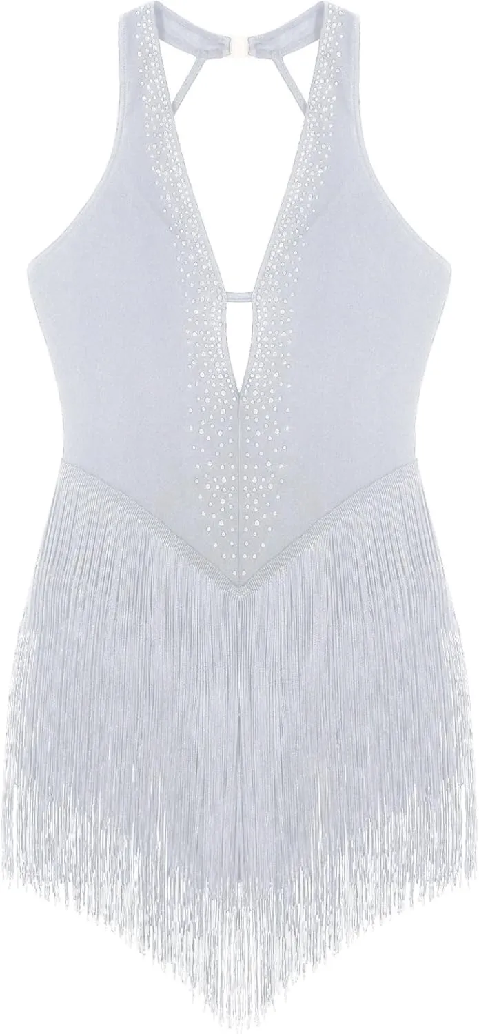 Women Rhinestone Latin Dance Leotard Fringe Bodysuit with Hat Rumba Samba Cha-cha Tango Dance Costume